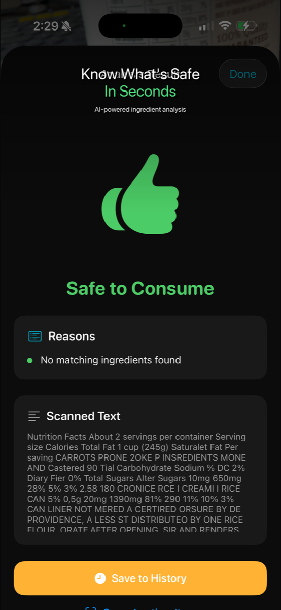 Instant on-device analysis with a Safe result