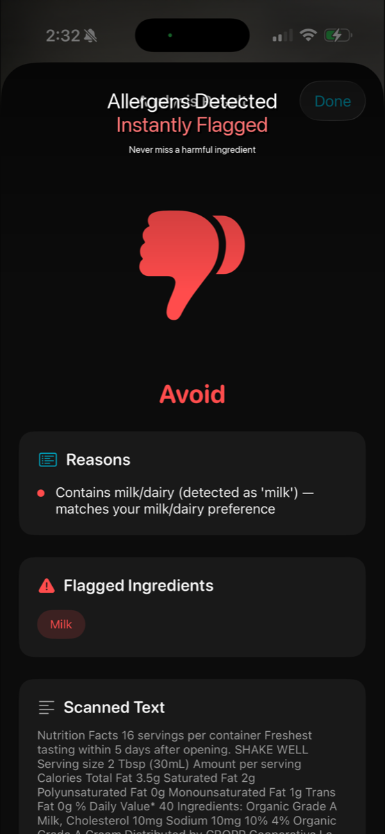 Clear Avoid recommendation with allergen details