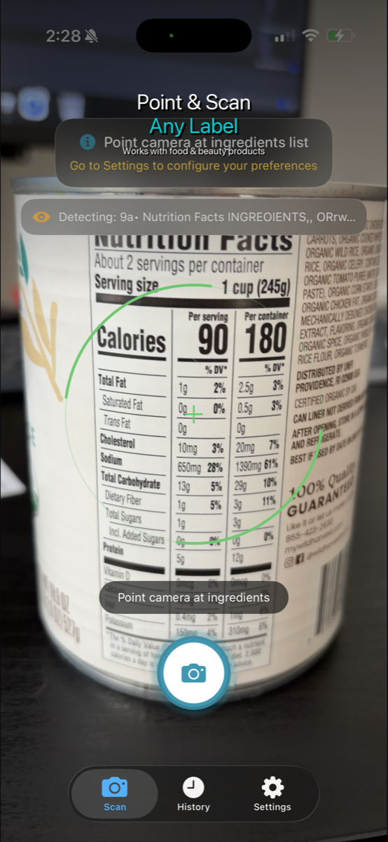Point the camera at an ingredient list to scan
